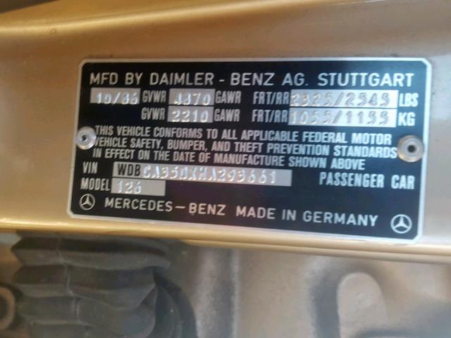 WDBCA35DXHA293661 - 1987 MERCEDES-BENZ 420 SEL GOLD photo 10