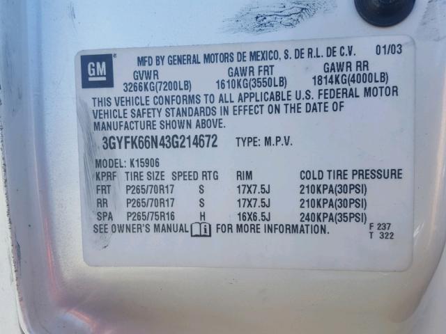 3GYFK66N43G214672 - 2003 CADILLAC ESCALADE E WHITE photo 10