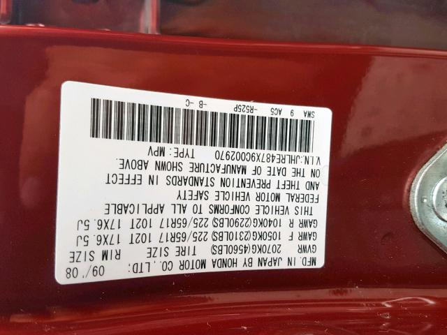 JHLRE487X9C002970 - 2009 HONDA CR-V EXL RED photo 10