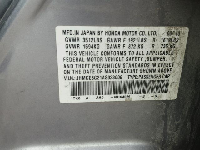 JHMGE8G21AS023006 - 2010 HONDA FIT GRAY photo 10