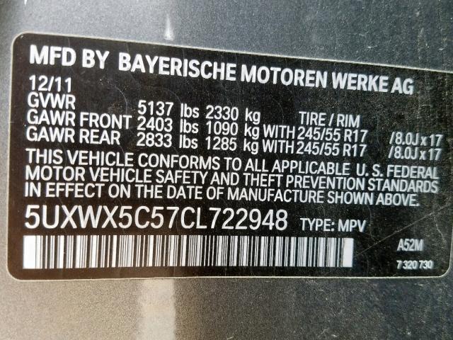 5UXWX5C57CL722948 - 2012 BMW X3 XDRIVE2 GRAY photo 10
