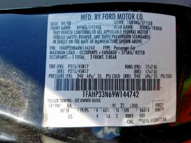 1FAHP33N69W144742 - 2009 FORD FOCUS SES BLACK photo 10