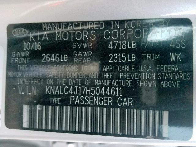 KNALC4J17H5044611 - 2017 KIA CADENZA PR SILVER photo 10