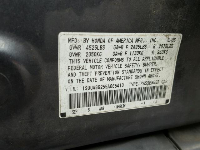 19UUA66255A065410 - 2005 ACURA TL GRAY photo 10