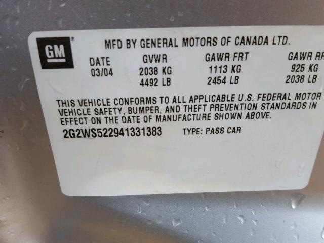 2G2WS522941331383 - 2004 PONTIAC GRAND PRIX SILVER photo 10