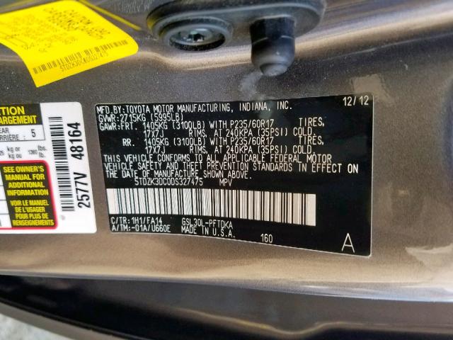 5TDZK3DC0DS327475 - 2013 TOYOTA SIENNA CHARCOAL photo 10