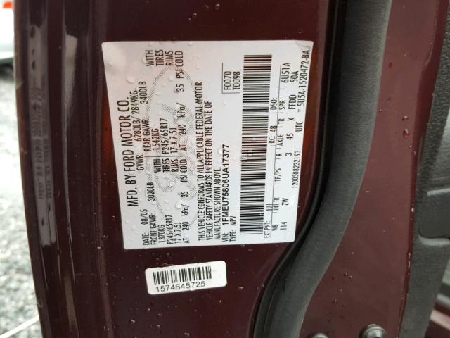 1FMEU75806UA17377 - 2006 FORD EXPLORER L BURGUNDY photo 10