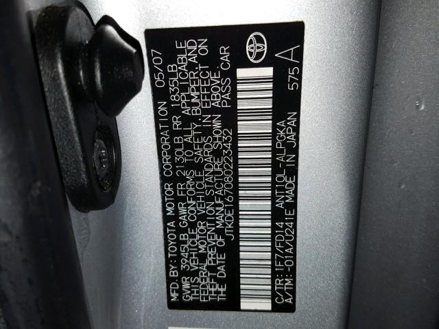 JTKDE167080223432 - 2008 TOYOTA SCION TC 银色 照片 10