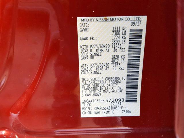 1N6AA1E59HN572093 - 2017 NISSAN TITAN SV MAROON photo 10