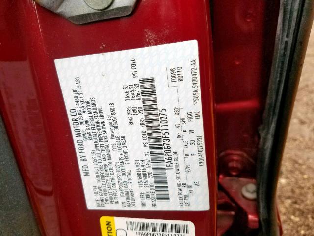 1FA6P0G73F5110275 - 2015 FORD FUSION S RED photo 10