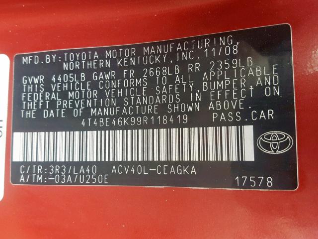 4T4BE46K99R118419 - 2009 TOYOTA CAMRY BASE RED photo 10