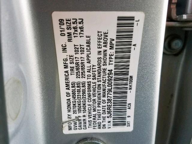 5J6RE38779L009294 - 2009 HONDA CR-V EXL SILVER photo 10