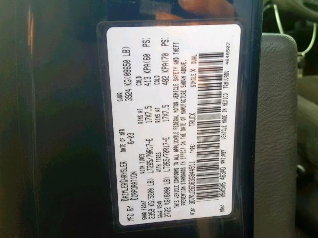 3D7KU26D63G844911 - 2003 DODGE RAM 2500 S Կապույտ լուսանկար 10