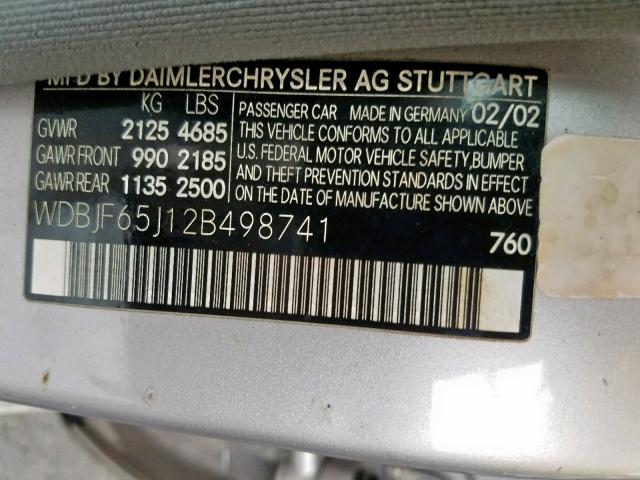 WDBJF65J12B498741 - 2002 MERCEDES-BENZ E 320 SILVER photo 10