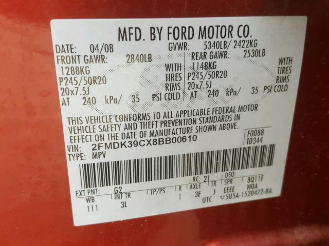 2FMDK39CX8BB00610 - 2008 FORD EDGE LIMIT RED photo 10