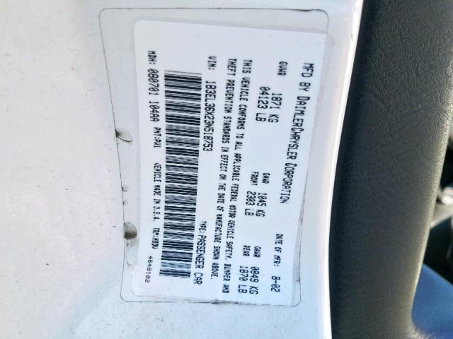 1B3EL36X23N518753 - 2003 DODGE STRATUS SE WHITE photo 10