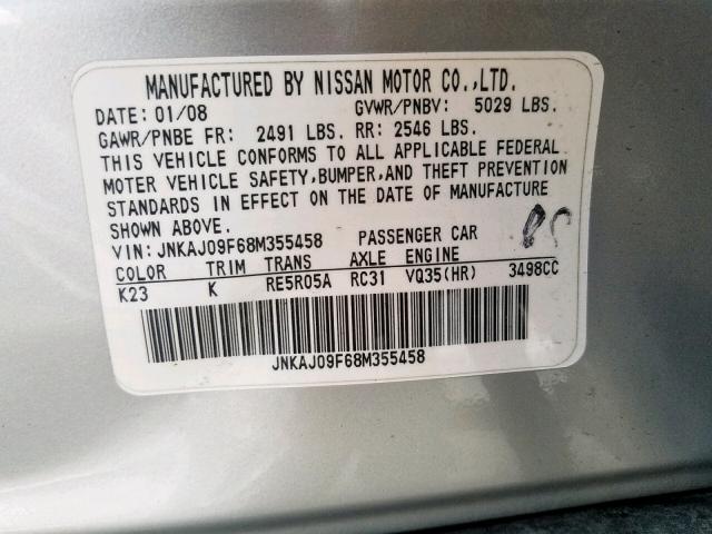 JNKAJ09F68M355458 - 2008 INFINITI EX35 BASE SILVER photo 10