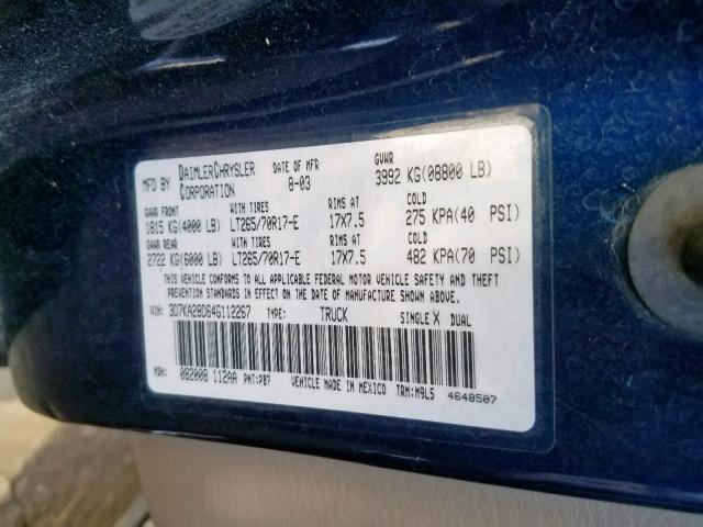 3D7KA28D64G112267 - 2004 DODGE RAM 2500 S ლურჯი ფოტო 10