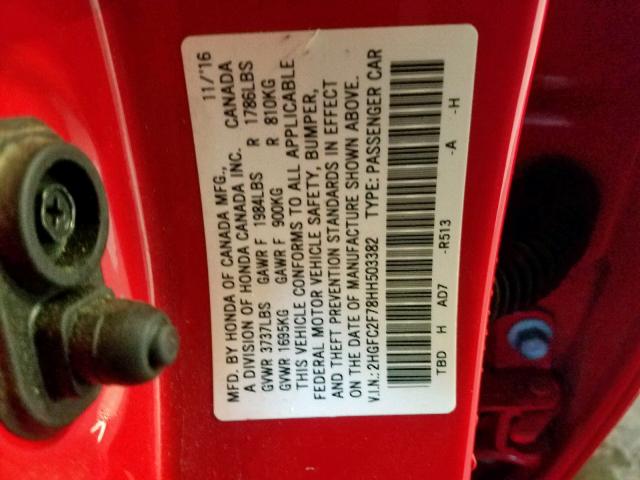 2HGFC2F78HH503382 - 2017 HONDA CIVIC EX RED photo 10