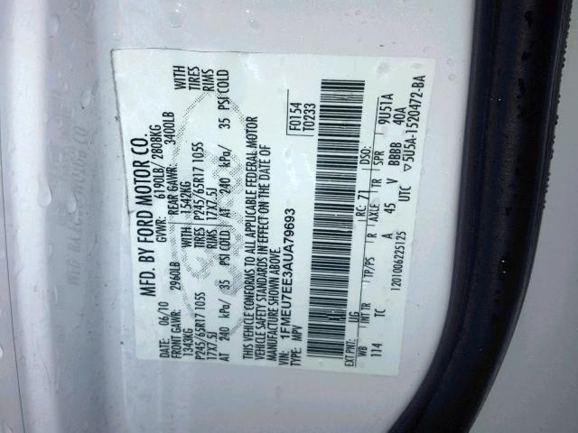 1FMEU7EE3AUA79693 - 2010 FORD EXPLORER E WHITE photo 10