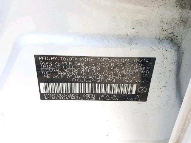 JTHBE1D27F5015794 - 2015 LEXUS IS 350 WHITE photo 10