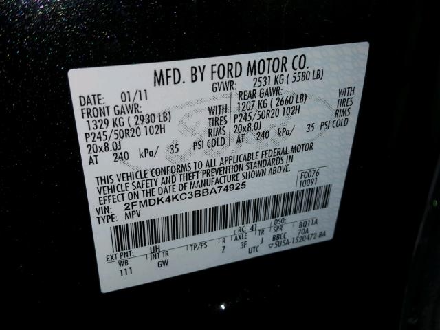 2FMDK4KC3BBA74925 - 2011 FORD EDGE LIMIT BLACK photo 10