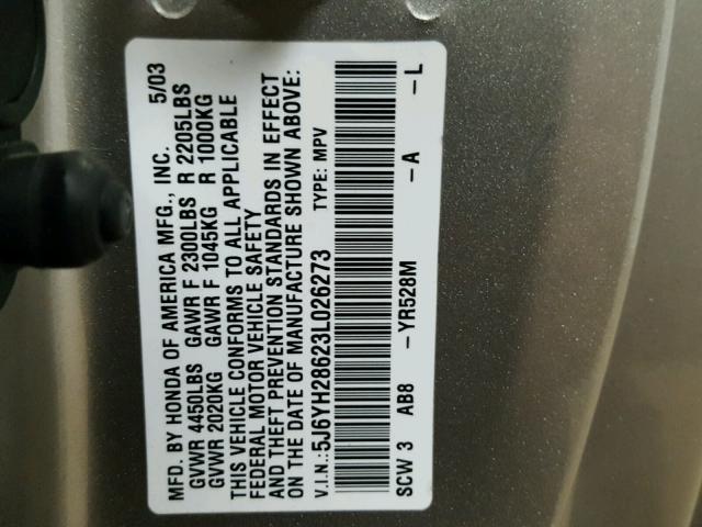 5J6YH28623L026273 - 2003 HONDA ELEMENT EX GRAY photo 10