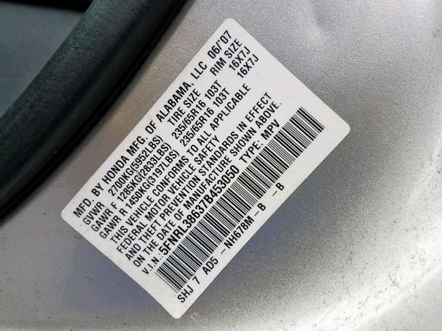 5FNRL38637B453050 - 2007 HONDA ODYSSEY EX SILVER photo 10