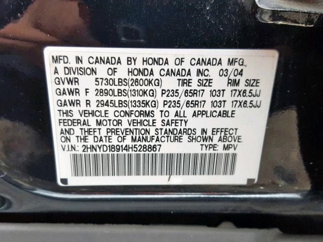 2HNYD18914H528867 - 2004 ACURA MDX TOURIN BLACK photo 10