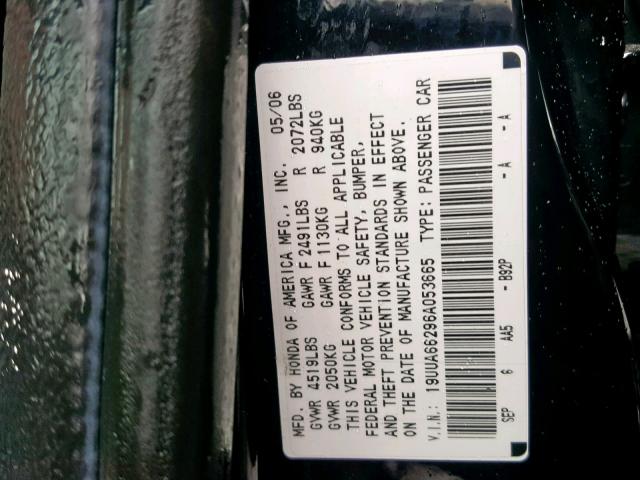 19UUA66296A053665 - 2006 ACURA 3.2TL BLACK photo 10