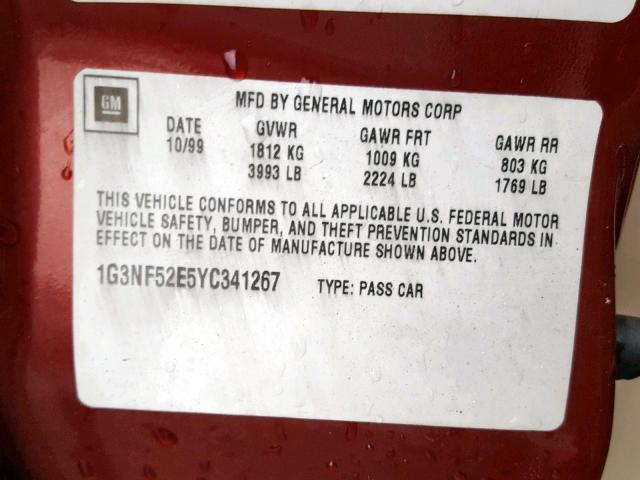 1G3NF52E5YC341267 - 2000 OLDSMOBILE ALERO GLS RED photo 10