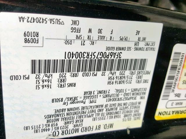 3FA6P0G75FR300401 - 2015 FORD FUSION S BLACK photo 10