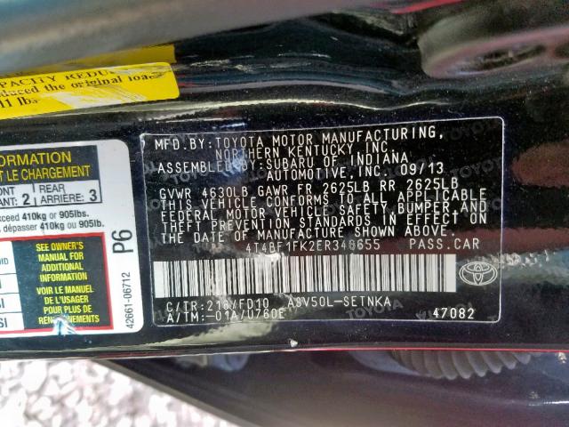 4T4BF1FK2ER346655 - 2014 TOYOTA CAMRY L BLACK photo 10