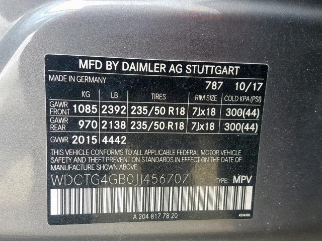 WDCTG4GB0JJ456707 - 2018 MERCEDES-BENZ GLA 250 4M GRAY photo 10