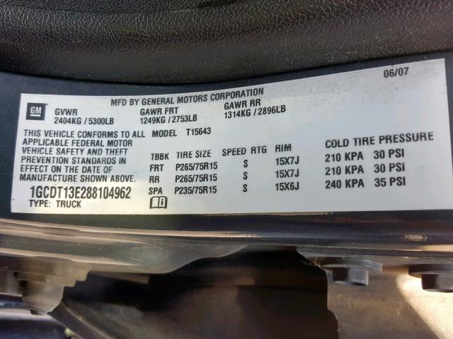 1GCDT13E288104962 - 2008 CHEVROLET COLORADO GRAY photo 10