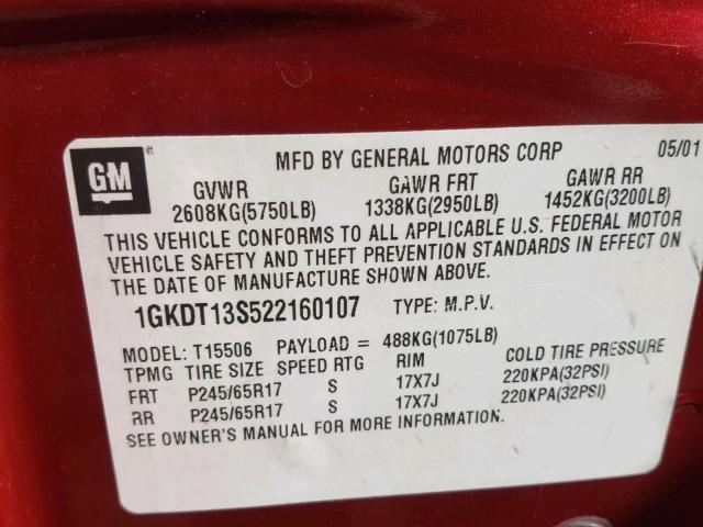 1GKDT13S522160107 - 2002 GMC ENVOY RED photo 10