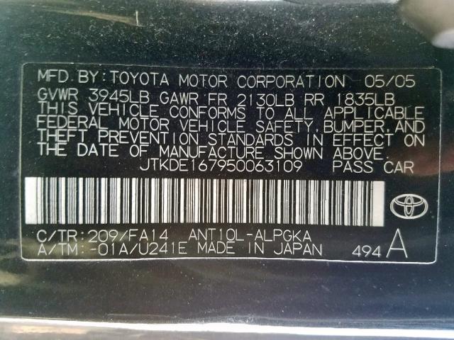 JTKDE167950063109 - 2005 TOYOTA SCION TC შავი ფოტო 10