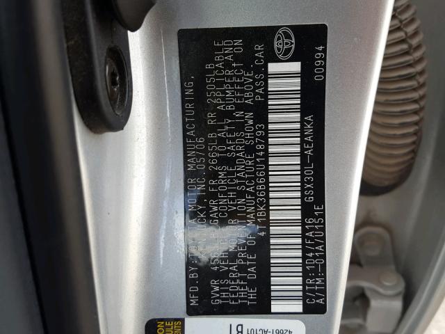 4T1BK36B66U148793 - 2006 TOYOTA AVALON XL SILVER photo 10