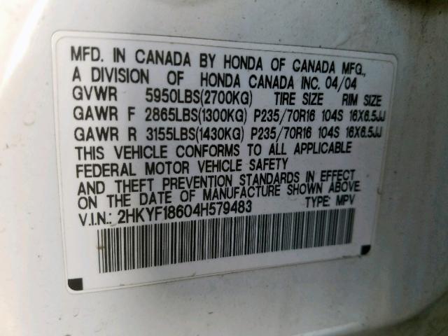 2HKYF18604H579483 - 2004 HONDA PILOT EXL WHITE photo 10