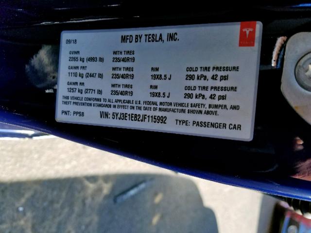 5YJ3E1EB2JF115992 - 2018 TESLA MODEL 3 BLUE photo 10