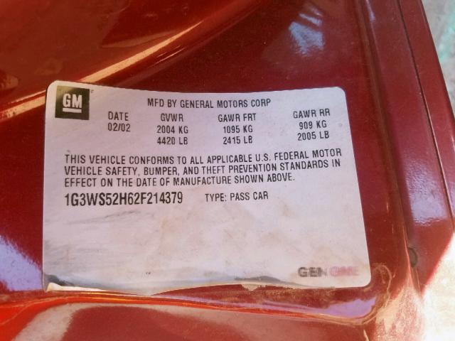1G3WS52H62F214379 - 2002 OLDSMOBILE INTRIGUE G RED photo 10