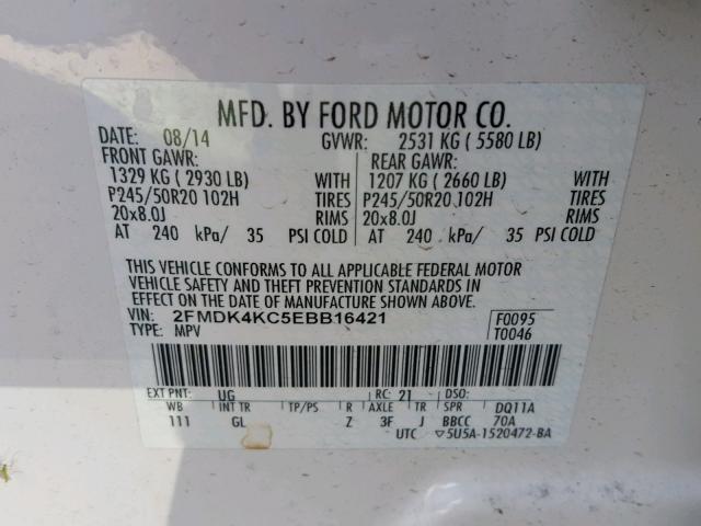 2FMDK4KC5EBB16421 - 2014 FORD EDGE LIMIT WHITE photo 10