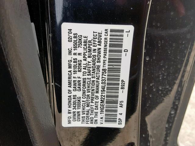 1HGEM22194L037758 - 2004 HONDA CIVIC DX V BLACK photo 10