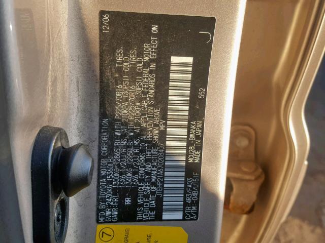 JTEHP21A670208407 - 2007 TOYOTA HIGHLANDER GOLD photo 10