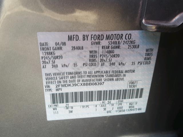 2FMDK39CX8BB08397 - 2008 FORD EDGE LIMIT GRAY photo 10