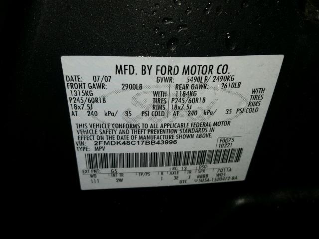 2FMDK48C17BB43996 - 2007 FORD EDGE SEL BLACK photo 10