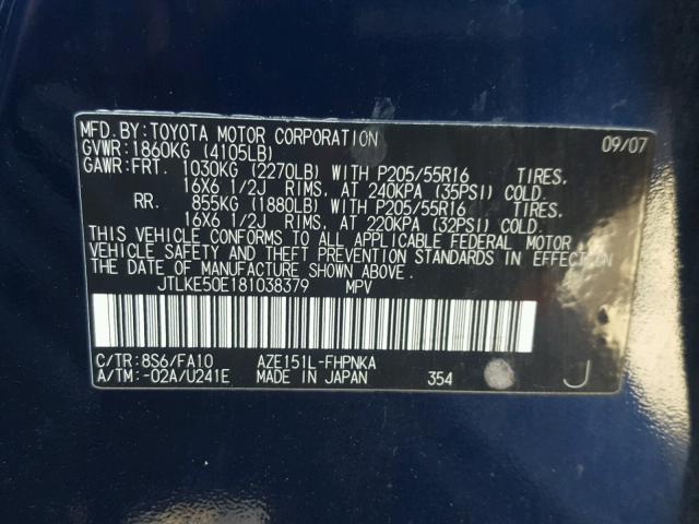 JTLKE50E181038379 - 2008 TOYOTA SCION XB Mavi foto 10