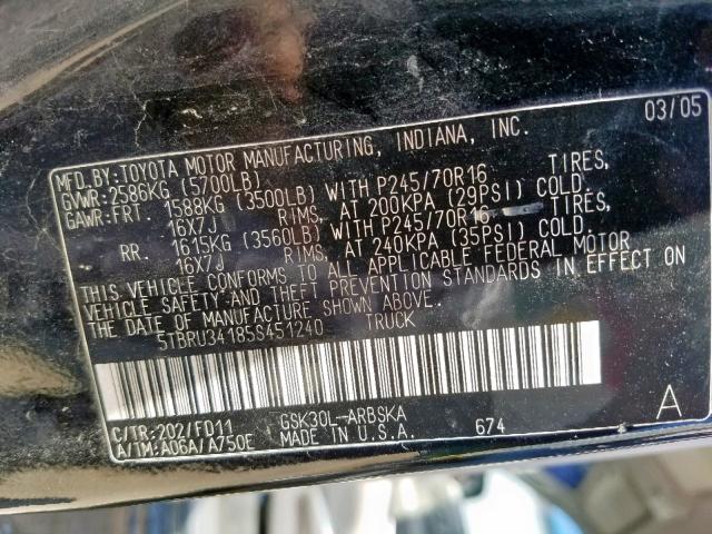 5TBRU34185S451240 - 2005 TOYOTA TUNDRA ACC BLACK photo 10