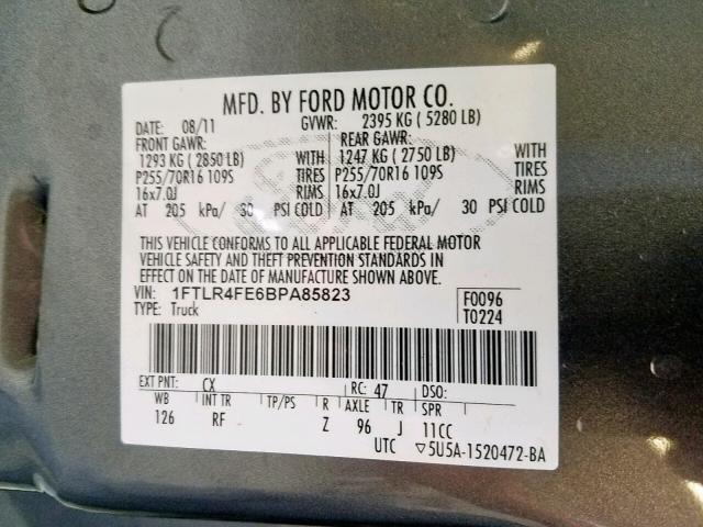 1FTLR4FE6BPA85823 - 2011 FORD RANGER SUP GRAY photo 10