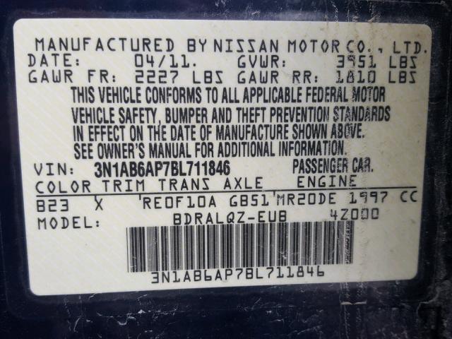 3N1AB6AP7BL711846 - 2011 NISSAN SENTRA 2.0 BLUE photo 10